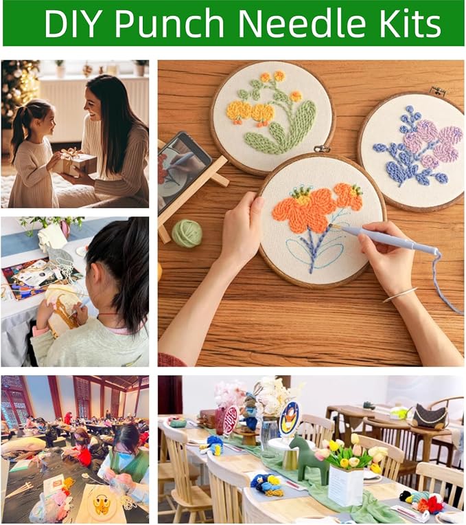DIY Punch Needle Kits Green Sea Turtle with Hoop 20x20cm-5 | with Pattern Stamped Easy for Beginners Embroidery Punch Needle Starter Craft Set for Adults Festival Gift and Decoration