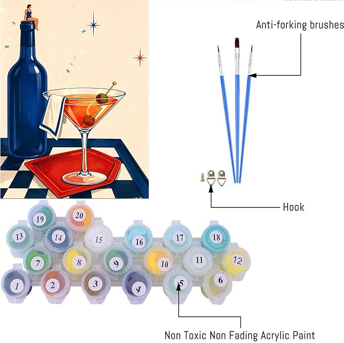 cupmod 6 Packs Cocktail Paint by Numbers Kit for Adults Beginners,8x10 Inch Adult Paint by Number Kits on Canvas, Cocktail DIY Acrylic Oil Number Painting Kits for Adults, Perfect for Gift Home Decor