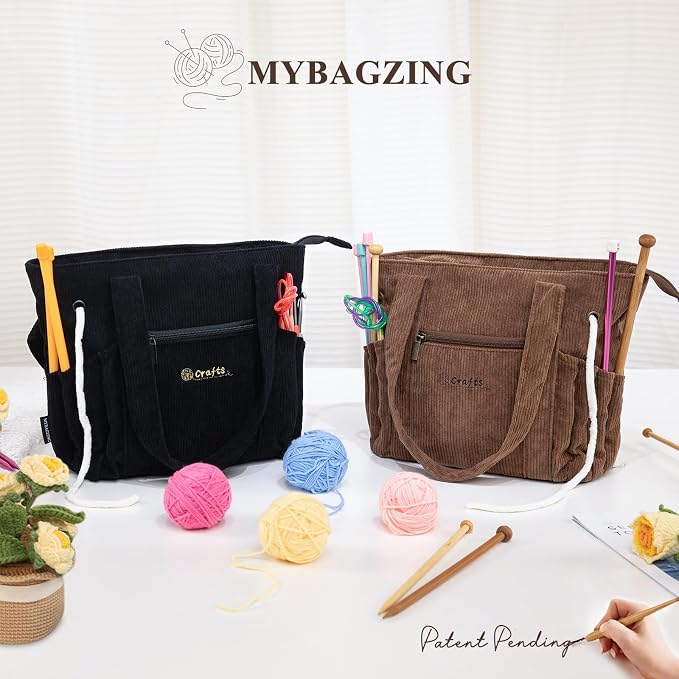 MYBAGZING Crochet Bag and Tote - Corduroy Yarn Bag - Yarn Holder for Crocheting - Crochet Storage Bag for Crochet Hooks, Crochet Accessories, Knitting Bag for Crochet Lovers, Mom Gift