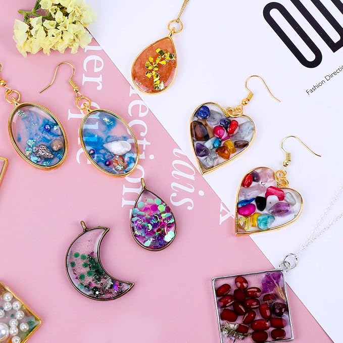 Shynek 60Pcs Hollow Frame Pendants - Resin Craft Bezels Jewelry Molds for Necklaces and Earrings Making Supplies