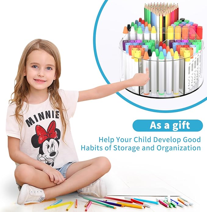 Rotating Markers Organizer for Kids, Acrylic Lazy Susan Organizers for Desks, 360 Degree Spinning Pencil Holders Pen Holders, Clear Arts and Crafts Organizer Storage, Art Supply Storage 6 Compartments