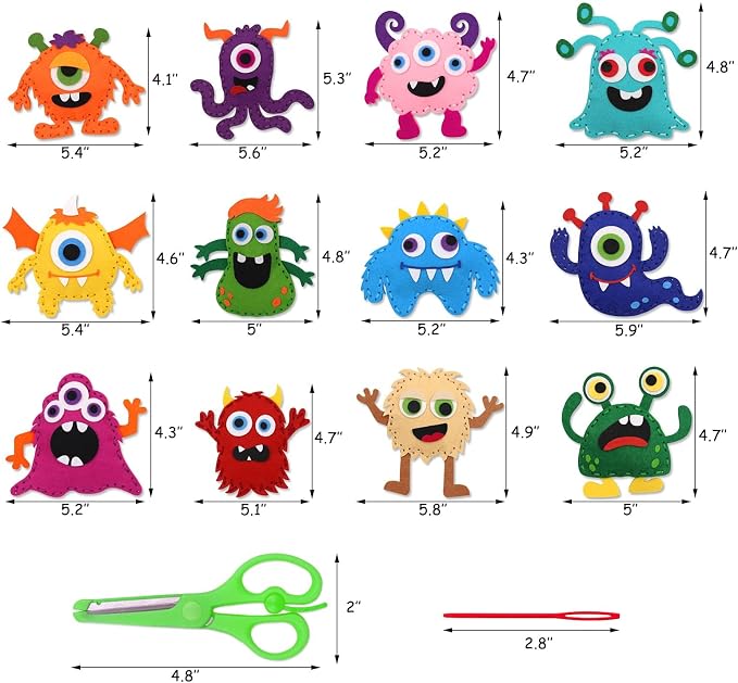 CiyvoLyeen Kids Sewing Kit Crafts– Little Monsters Felt Plush DIY Craft Adopt A Monster Educational Sewing Set for Kids Beginner Craft Kit Set of 12