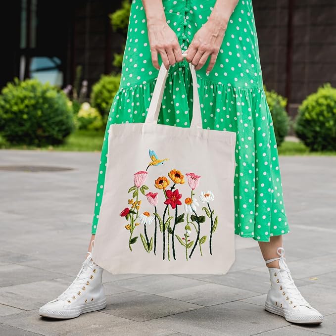 Louise Maelys Canvas Tote Bag Embroidery Kit, Hummingbird Floral Pattern