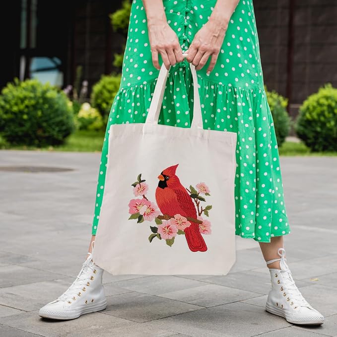 Louise Maelys Cardinal Embroidery Kit for Beginners Canvas Tote Bag