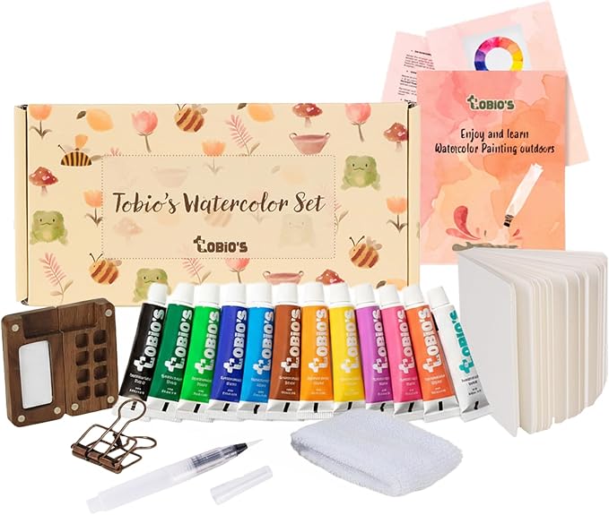 Tobios Watercolor Paint Set – Mini Travel Kit with 12 Colors & Water Brush | Includes refillable water brush, wooden palette & sketchbook; portable painting set for beginners, journaling & gifts
