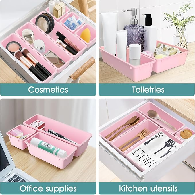 25 PCS Plastic Drawer Organizer Set, Makeup Organizers and Storage Bins | 4 Sizes Desk Drawer Divider Organizers and Storage Bins for Jewelry, Gadgets for Kitchen, Bedroom, Bathroom, Office, Pink