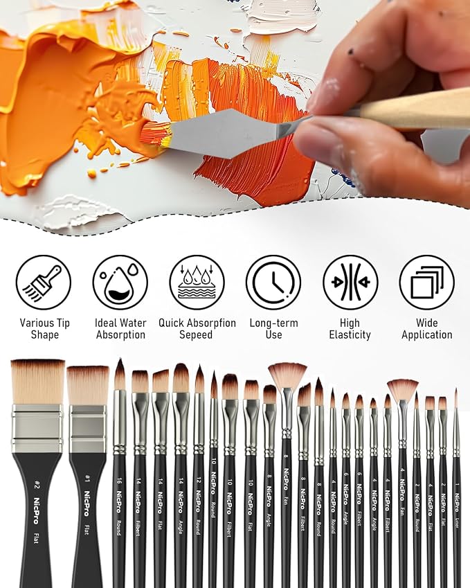 Nicpro 26pcs Professional Paint Brush Set with Palette Knife & Canvas Roll | Craft Paint Brushes for Acrylic Painting, Oil, Watercolor, Gouache & Canvas, Drawing & Art Supplies for Adults, Artists Gift