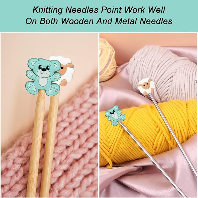 Yzzyemn 10 pcs Knitting Needle Stoppers Point Protectors Knitting Accessories and Supplies Knitting Tools Knitting Starter kit Beginner for Knitting Gifts (Bear+Sheep, Size 6-9)