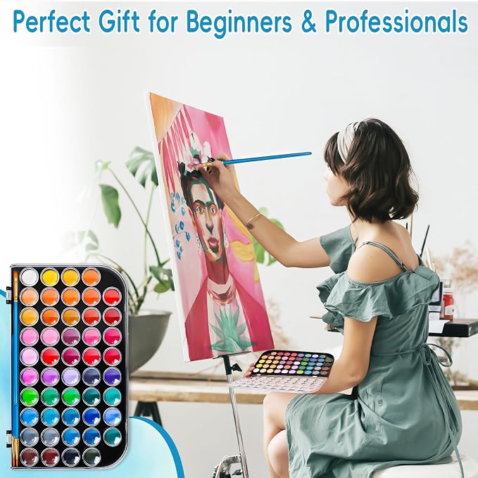 48 Color Solid Watercolor Paint Set with 3 Wooden Brushes for Adults Kids | Washable Watercolor Kit, Safe and Non-Toxic, Detachable Palette, Portable, Ideal Gift for Beginners, Children, Students