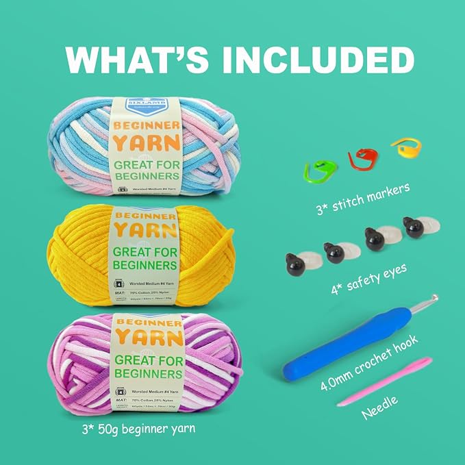 3 * 50g/1.76oz Yarn for Crocheting and Knitting, 3 * 60yds Beginner Yarn with Easy-to-See Stitches; Worsted-Weight Medium #4;Amigurumi-Friendly Crochet Kit(Violet+Yellow+Blushing Blue)
