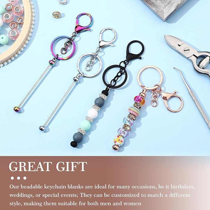Tondiamo 12 Pcs Beadable Keychains Bars Bulk Blank Beaded Metal Keychain for Craft DIY Gift