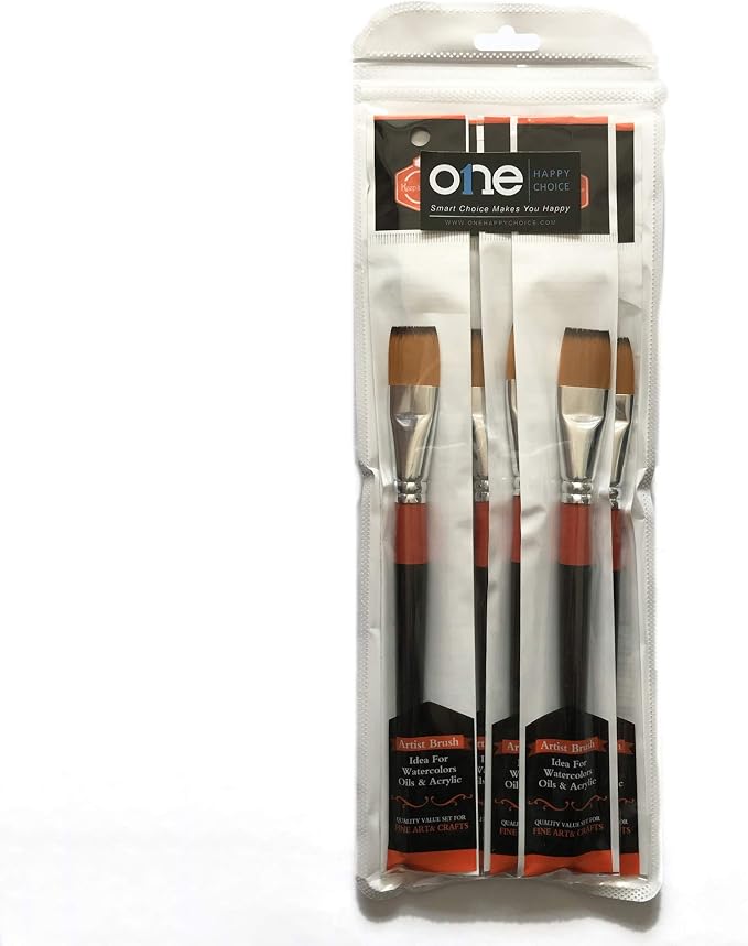 3/4 Inch Flat Bright Paint Brush Set of 6, Premium Taklon Synthetic Hair | No Shedding Bristles for Acrylic Watercolor Oil Gouache Tempera Enamel Ink Painting for Students, Professionals & Artists