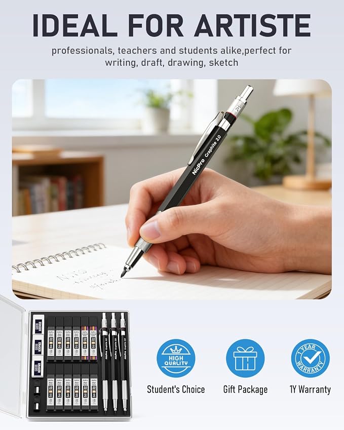 Nicpro 2mm Metal Mechanical Pencil Set with Case, 3PCS