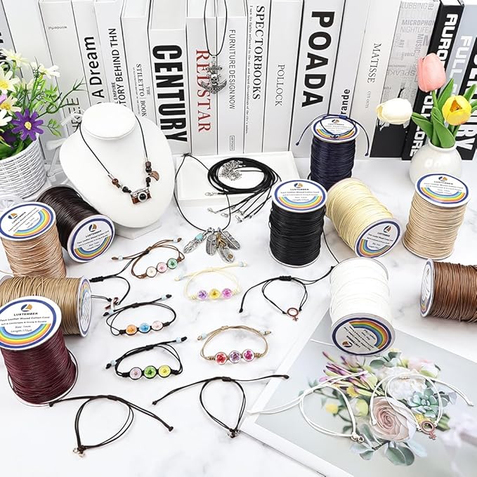 LUSTEMBER 1mm Faux Leather Waxed Cotton Cord, 175 Yards – Durable Necklace String, Soft and Textured Cord for Necklaces, Bracelets, and Jewelry Making