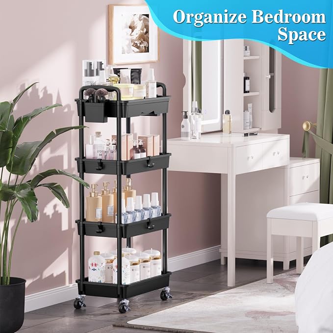 SUNALLY 4 Tier Rolling Cart with Drawer, Craft Storage Cart Organizer,Black