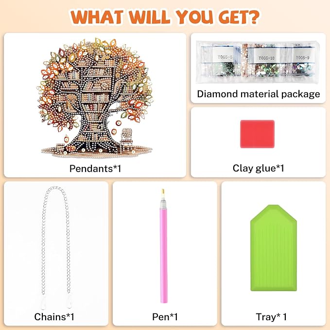 Bowetile Fall Diamond Art Hanging Kits for Adults, Tree of Books Diamond Art Suncatchers Maple Leaf, 5D Special Shape Autumn Diamond Painting Pendant Window Ornament for Home Wall Decor