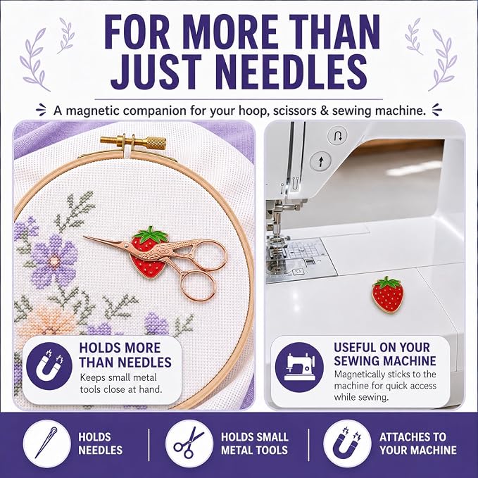 The Quilted Bear Magnetic Needle Minder, Strawberry | Enamel Needle Keeper for Embroidery & Cross Stitch, Secure Holder for Sewing Needles & Pins, Strong Magnet, Sewing Accessory