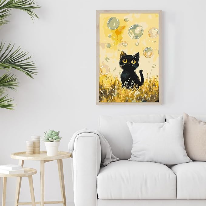 Framed Paint by Numbers Kit for Adults Beginner & Kids Ages 8-12, Black Cat Paint by Numbers with frame, without Easel, DIY Acrylic Number Painting for Adults Animal for Home Decor Gift 8 x 12 Inch