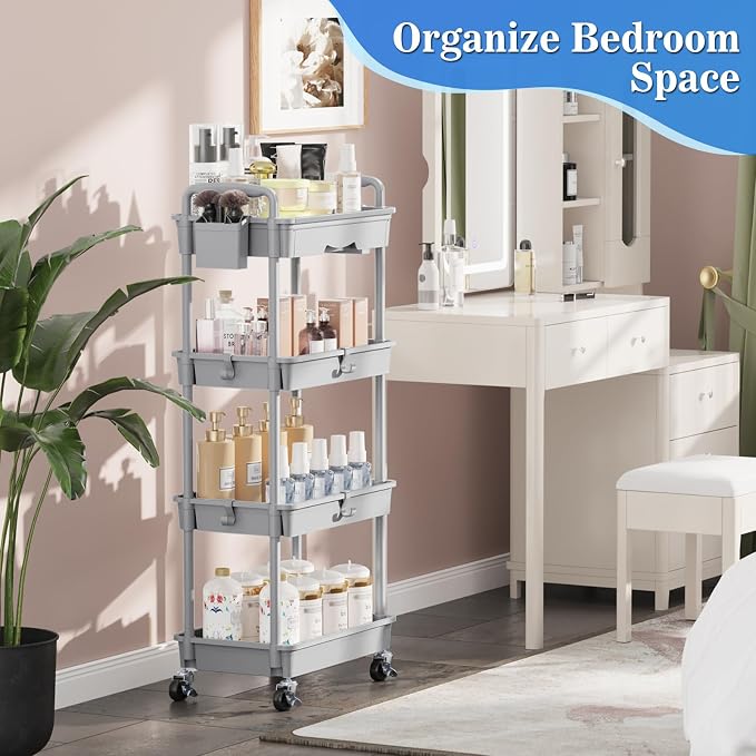 SUNALLY 4 Tier Rolling Cart with Drawer, Craft Storage Cart Organizer, Gray