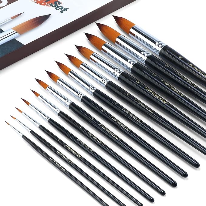 Transon 13pcs Round Paint Brush Set Synthetic Bristle Complete Round Brush Set for Watercolor Acrylic Gouache Ink Tempera