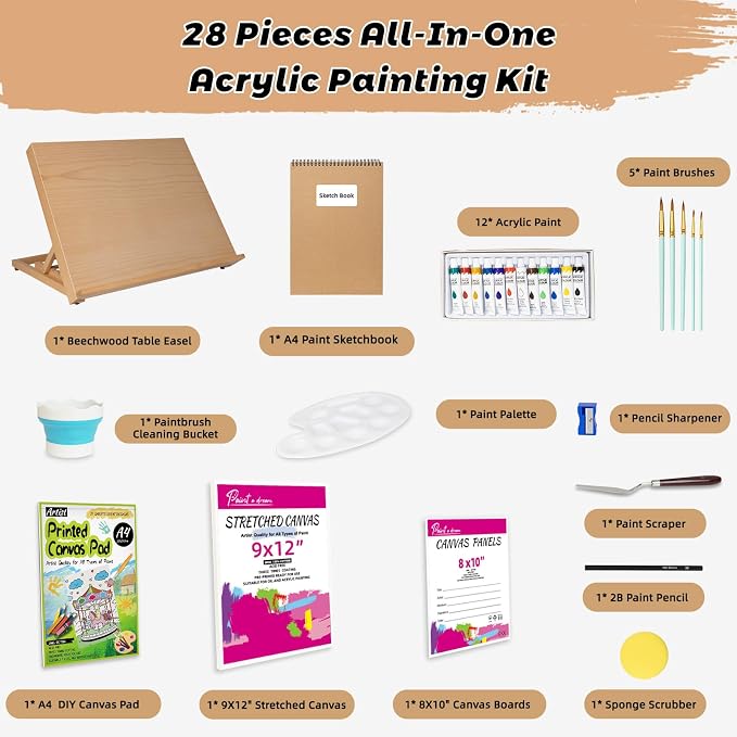 28Pack 18.5"x12" Beechwood Tabletop Easel Set with 12 Acrylic Paints