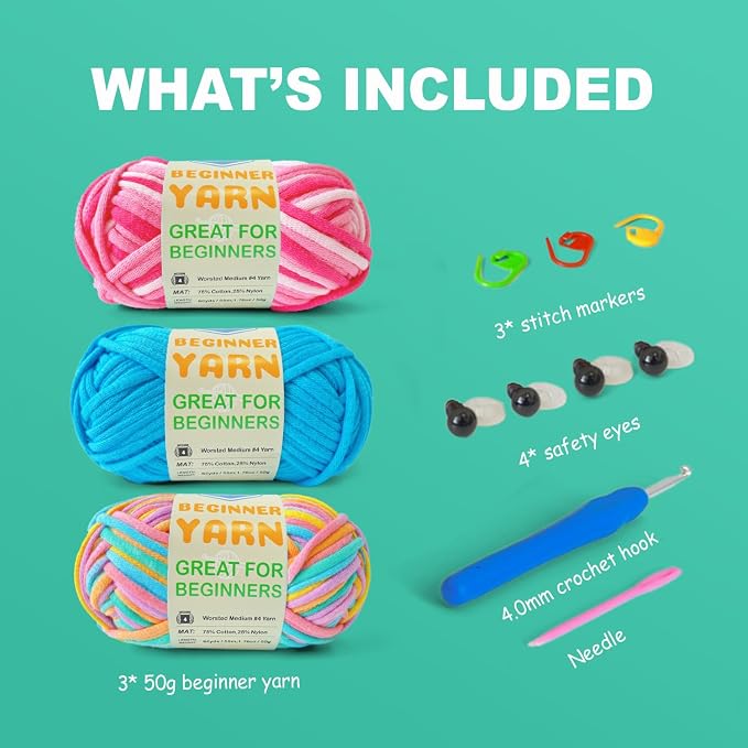 Easy Yarn for Beginner - Crocheting and Knitting Yarn |3 * 1.76oz/60yds; Easy-to-See Stitches; Worsted-Weight Medium #4; Cotton Blend; Amigurumi Crochet Kit(Petal+Blue+Merry Pink)