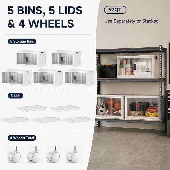 OlarHike 97QT Storage Bins with Lids for Closet, Garage, Shelves, 5 Pack | Multi-Lid, Lockable, Large Capacity, Doors & Wheels, Foldable Containers, Stackable Organizer, Plastic Drawers, School, Dorm