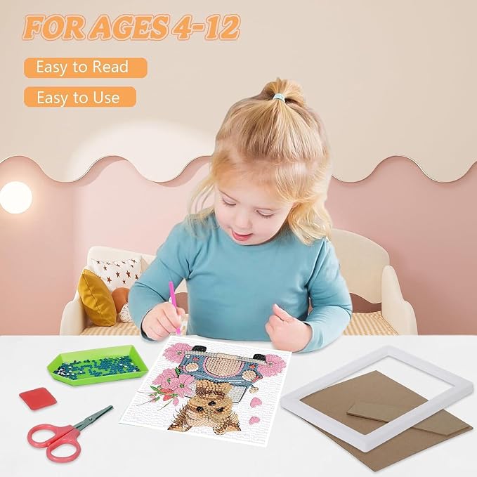 Dog Diamond Art Kit for Kids with Frame - Animal Diamond Painting for Ages 8-12 - Beautiful Gift Package for Home Wall Decor (7x7 inch)