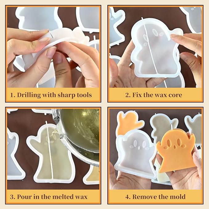 Halloween Candle Molds, Set of 6 Funny Little Ghost Making Molds | Different Spooky Ghost Silicone Molds for Candle Making, Handmade Soap, Resin Crafts, Tealight Decor, DIY Plaster Gift