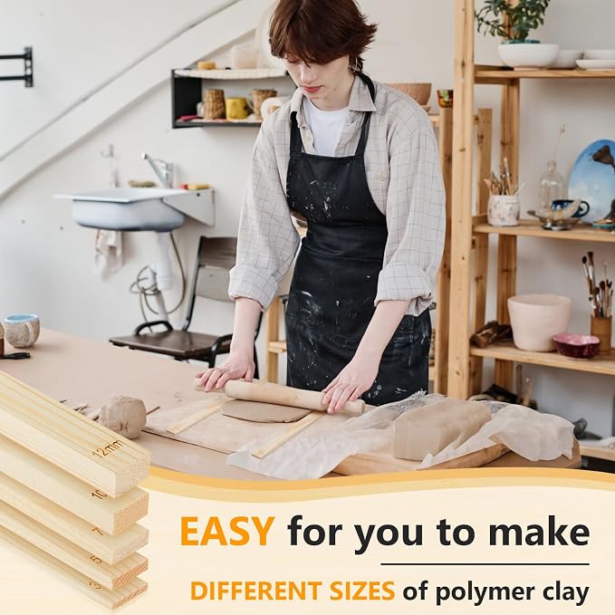 Sasylvia 10 Pcs Clay Pottery Rolling Pin Guides,5 Size Lengthen,Wood Color | Wooden, Teaching Rolling Mud Stick Guide, Polymer Clay Depth Thickness Guide, Pottery Mudboard Tool