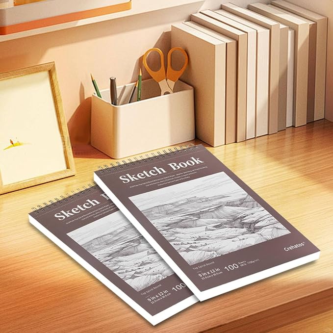Crehatos 9" x 12" Sketch Book 100 Sheets Each, 2 Pack | Top Spiral Bound Sketch Pad, 68lb/100gsm Drawing Paper for Dry Media