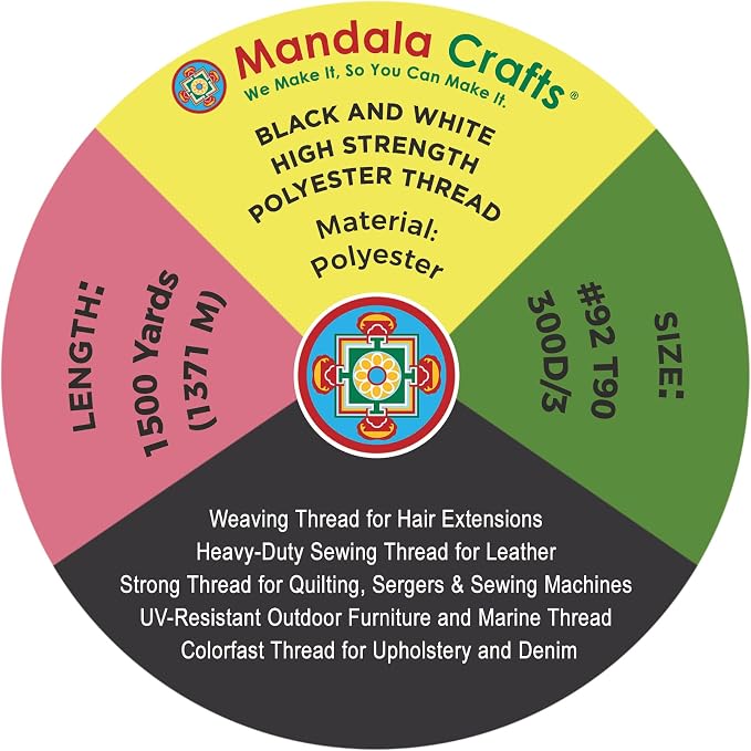 Mandala Crafts Black White Tex 90 Upholstery Polyester Heavy Duty Thread | 1500x4 Yds T90 UV Resistant Strong Thread for Leather Sewing, Marine, Drapery, Jeans, Hair Weaving & Extension, Outdoor