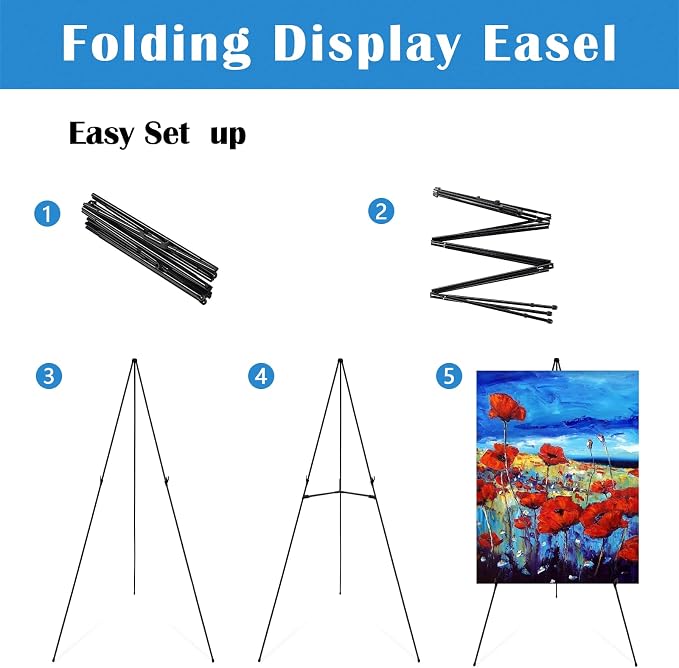 Falling in Art 6 Pack 63" Display Easel Stand, Holds 5 lbs | Instant Adjustable Poster Easel, Easy Folding Portable Tripod Stand for Signs, Posters, Wedding
