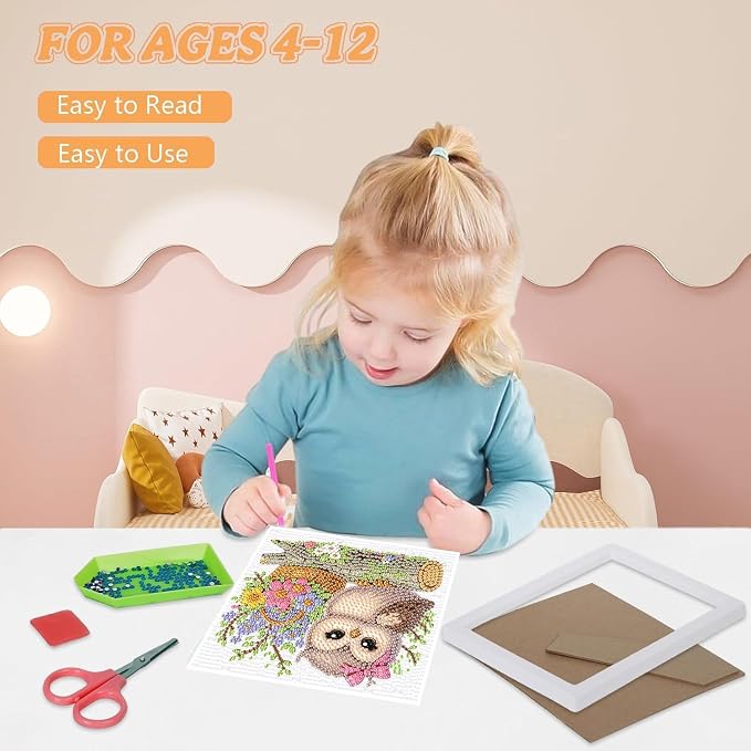 Ajepon Owl Diamond Art Kit for Kids, Ages 8-12, 7x7 Inch, Modern Style, Crystal Diamonds, Includes Canvas, Frame, Tools, Non-Foldable