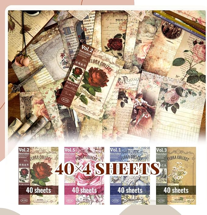 160Pcs Vintage Scrapbook Paper, Double-Sided Junk Journal Paper, 4 Styles