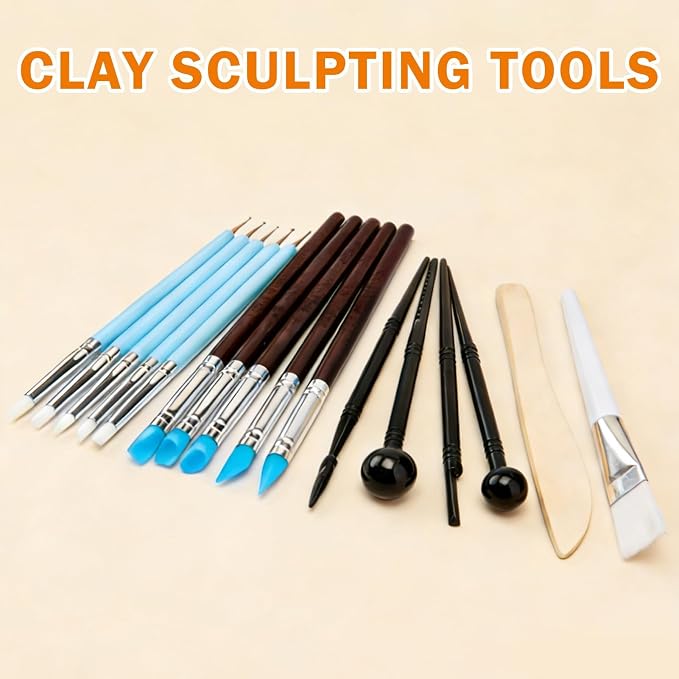 17PCS Silicone Clay Sculpting Tools, Dual-Ended Dotting Tools Set with 1.7 FL OZ Air Dry Clay Glaze for Pottery, Ceramic Modeling, Rock Painting, Art Blending - Ideal for Adults & Kids DIY Crafts