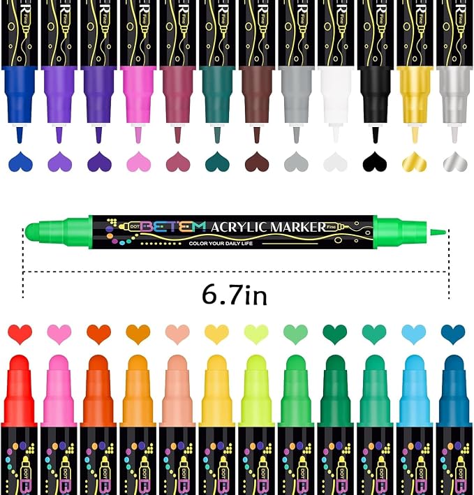 Betem 24 Colors Dual Tip Acrylic Paint Markers, Fabric Decorating Kits | Premium Water-Based Acrylic Paint Pens Art Supplies for Fabric, Rock, Wood, Glass, Canvas, Ceramic, School Supplies