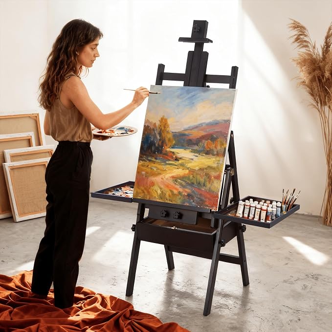 Beech Wood H-Frame Easel for Painting with Tray & Drawer, Walnut