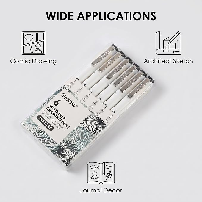 Grabie Micro Fineliner Pens, 6 Black Waterproof Drawing Pens | Waterproof Pigment Ink, 6 Assorted Tip Sizes, Precision Fine Lines, Metal-Clad Nibs, Smooth Ink Flow, Smudge Resistant