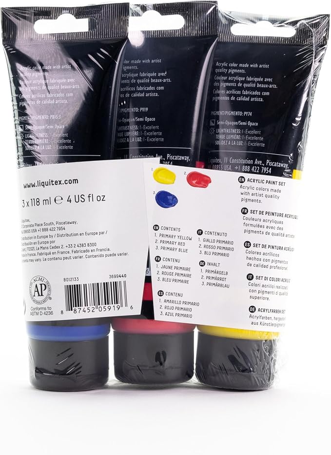Liquitex Basics Acrylic Paint Set, 3 x 118ml (4-oz.) Tube Paint Set, Primary Colors