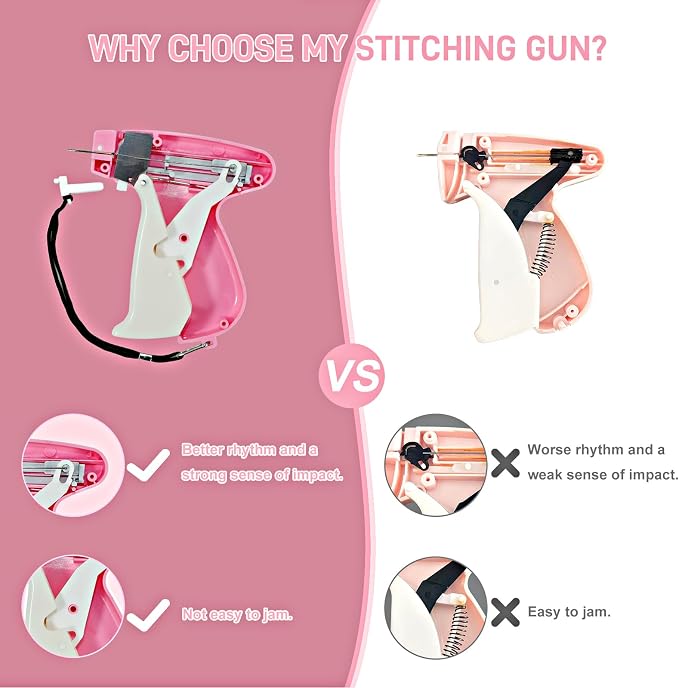 2026 New Stitch Gun for Clothes, Handheld Quick Clothing Fixer Sewing Kit with 1000 Black & 1000 White Fasteners, 6 Replacement Needles, Bright Pink