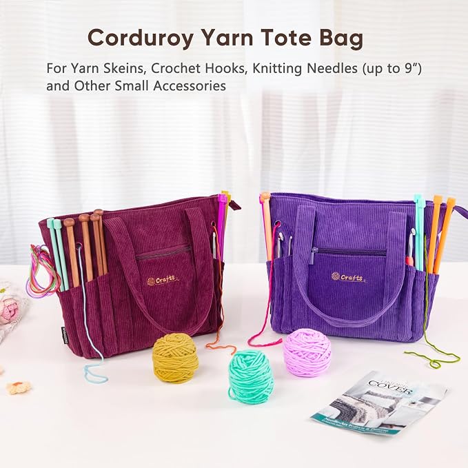 MYBAGZING Crochet Bag and Tote - Corduroy Yarn Bag - Yarn Holder for Crocheting - Crochet Storage Bag for Crochet Hooks, Crochet Accessories, Knitting Bag for Crochet Lovers, Mother's Day Gift