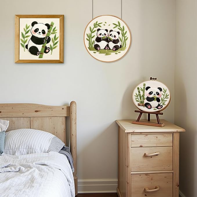 Santune Beginners Embroidery Kit for Adult Needlepoint Cross Stitch Kits Needle Point Sets with Panda Embroidery Patterns, Includes Step-By-Step Instructions and Accessories