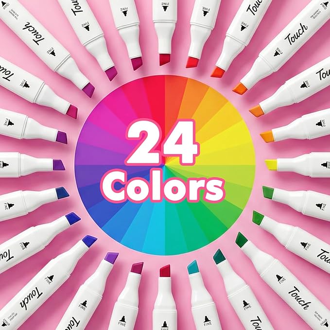 Alcohol Markers Set, 24 Colors Dual Brush Tip Art Coloring Markers for Adult Drawing, Permanent Alcohol Based Colored Sketch Pens Art Supplies Gifts for Illustration