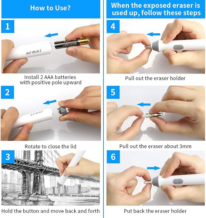 AFMAT Electric Eraser for Drawing, Battery Operated Eraser with 140 Refills, Electric Erasers Kit for Artist, Art Erasers for Painting, Sketching, Drafting, Detailer Tool for Crafting EEW001(White)
