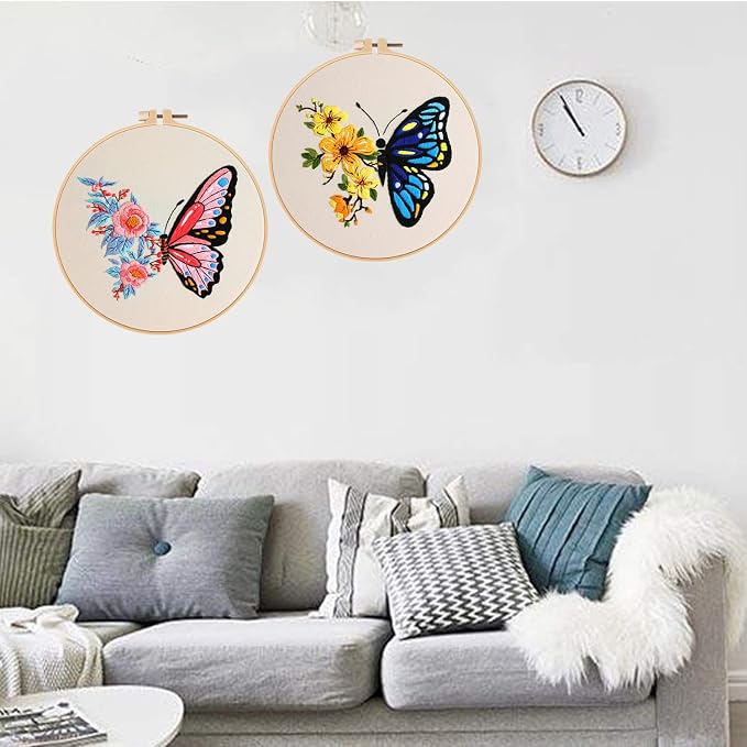 Konrisa Embroidery Starter Kits with Butterfly Flower Pattern, Stamped Cross Stitch Kits for Beginners Adults DIY Sewing Include Embroidery Hoop Embroidery Fabric Threads and Needles,Set of 2