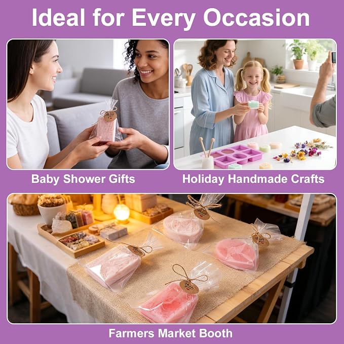 Soap Making Kit with 3 Silicone Molds Bee Lace Flower Shapes 100 Clear Bags 100 Gift Tags 65ft Jute Twine DIY Handmade Soap Craft Set for Beginners Small Business & Gift Making