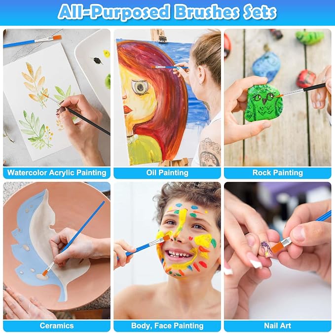 70Pcs Paint Brushes Small, Flat and Round Tip Paint Brushes for Kids Classroom Craft Nylon Hair Paint Brush for Acrylic Water Color Canvas Face Painting