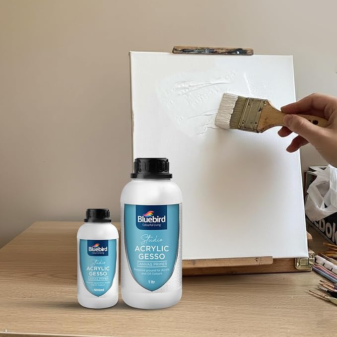 BLUEBIRD Studio Acrylic Gesso - Liquid Gesso Primer for Arylic Painting, Surface Prep Medium (White, 16.9 Fl Oz)
