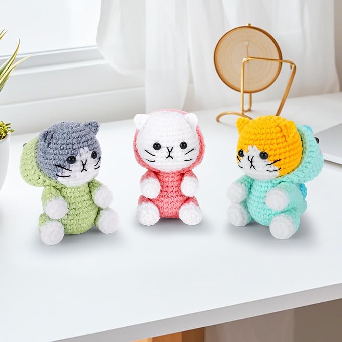 Fortuning's JDS Crochet Kit for Beginners, 3 PCS Dinosaur Cat Crochet Kits | w/ Step-by-Step Video Tutorials, Beginner Crochet Kit for Adults, Crochet Animal Kit for Starters, Dinosaur Cat Crochet Set
